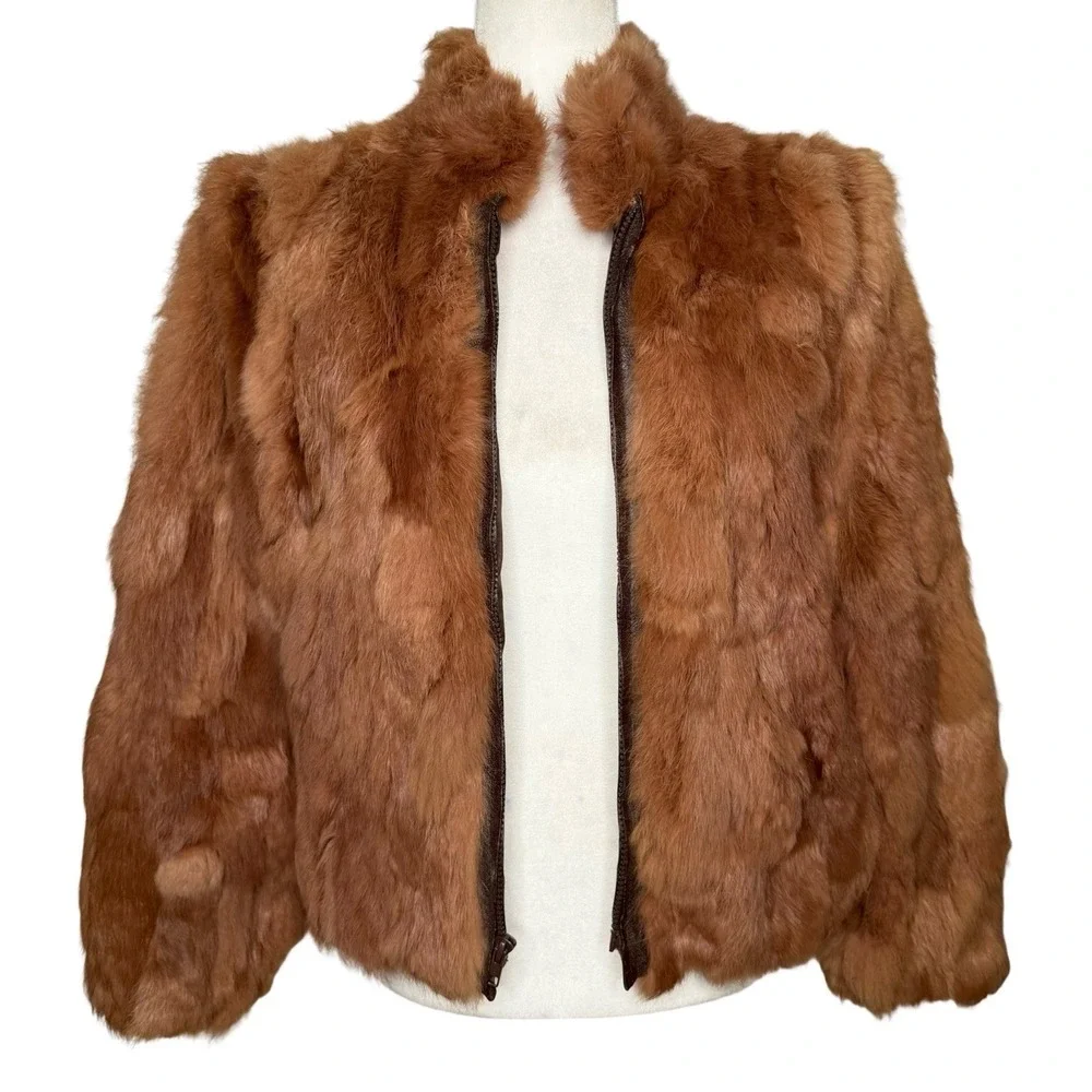 Vintage Genuine Rabbit Fur Coat Jacket Small Made In Korea Variegated RN66109